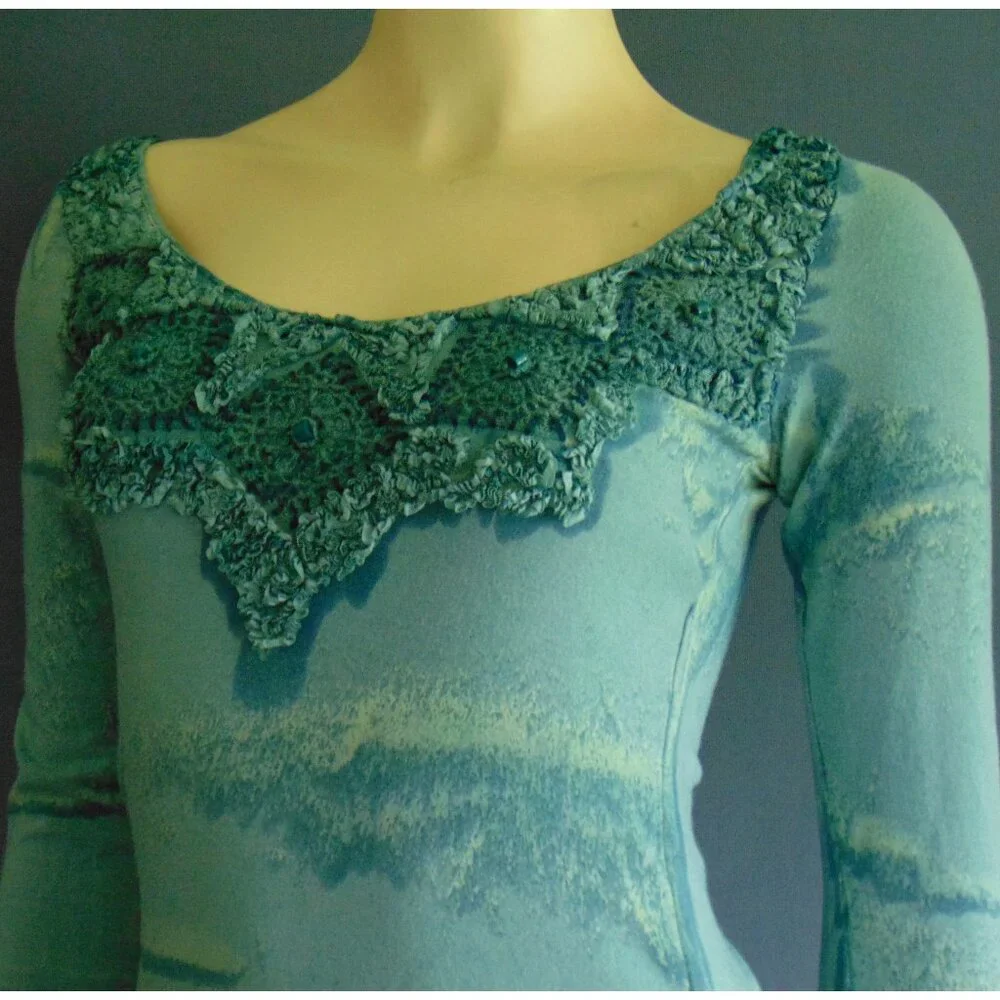 Mezon Teal Green Soutache Beaded Art to Wear Slim Fit Top Sm - Picture 2 of 8